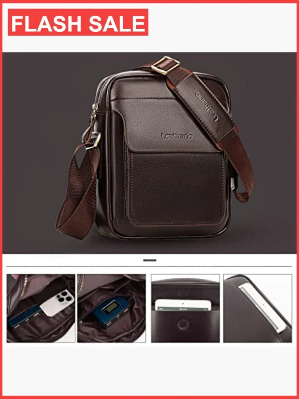 Men's Vegan Leather Crossbody Bag Messenger Shoulder Sling Satchel Work Travel